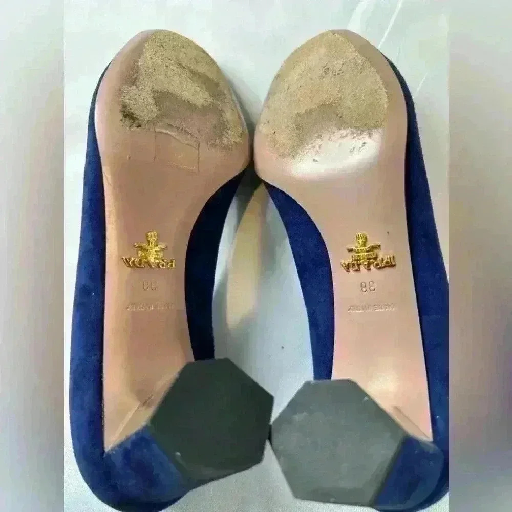 PRADA Calzature Donna Blue Suede Hexagon Heel Pumps, Size 38 - Picture 5 of 13
